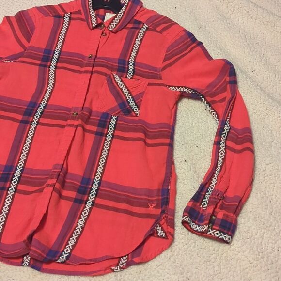 American Eagle Womens M Vintage Boyfriend Red Plaid Long Sleeve Flannel Shirt - Picture 4 of 7